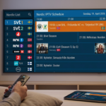 A 75-inch smart TV screen displaying a detailed, professional Nordic IPTV Electronic Program Guide (EPG). The interface lists multiple Swedish, Norwegian, and Danish channel logos on the left, with a colorful 4K sports and cinema schedule grid on the right, including 'Live SHL'. A hand holding a remote highlights the interactive guide.